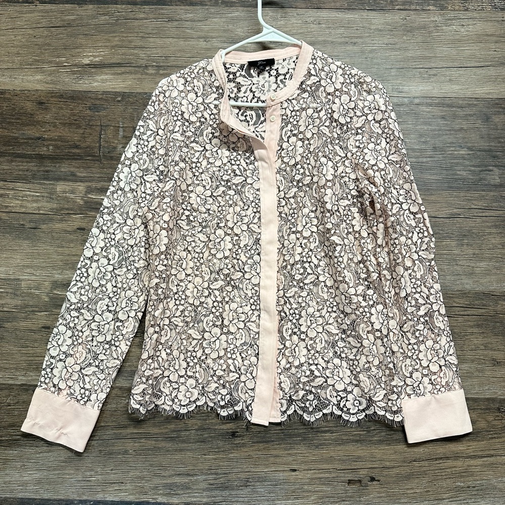 J. Crew Cream Pink Lace Long Sleeve Blouse with Mandarin Collar